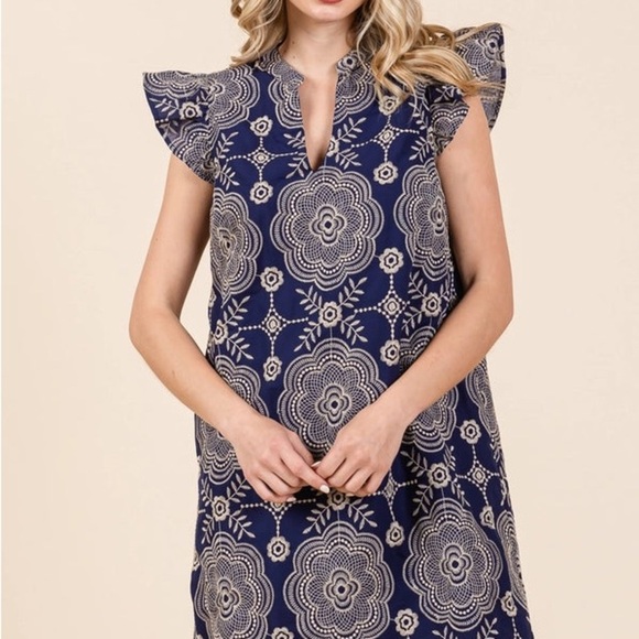 Navy Floral Midi embroidery Dress - Picture 1 of 3